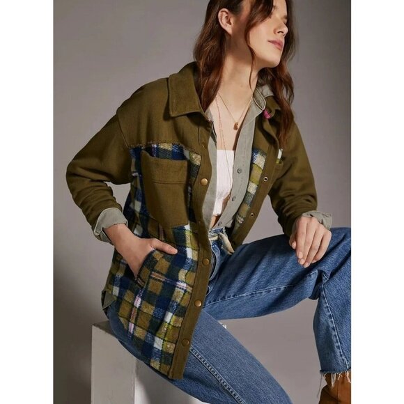 NWT Anthropologie Pilcro Plaid Contrast Shirt Jacket Size XXS Green Color - Picture 1 of 16